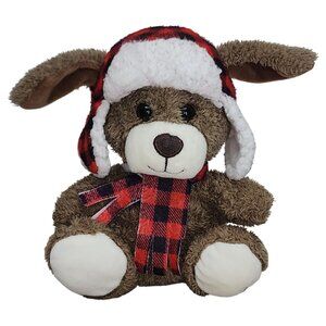 Hugfun Holiday Christmas Brown Puppy Dog Plush Stuffed Animal Hat Scarf Check